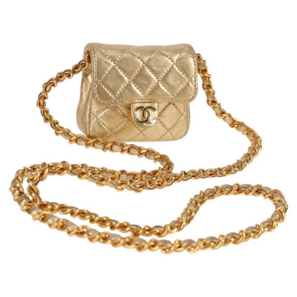 CHANEL Mini Mini Matelasse Chain Bag Lamb Skin Gold Tone CC - Picture 1 of 15